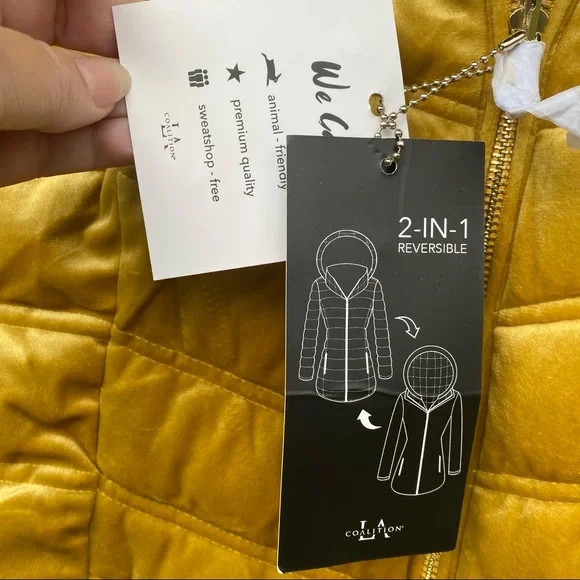 NWT PETA-Approved Vegan Mustard gold / Cream blush Reversible Puffer Coa… - Picture 3 of 10
